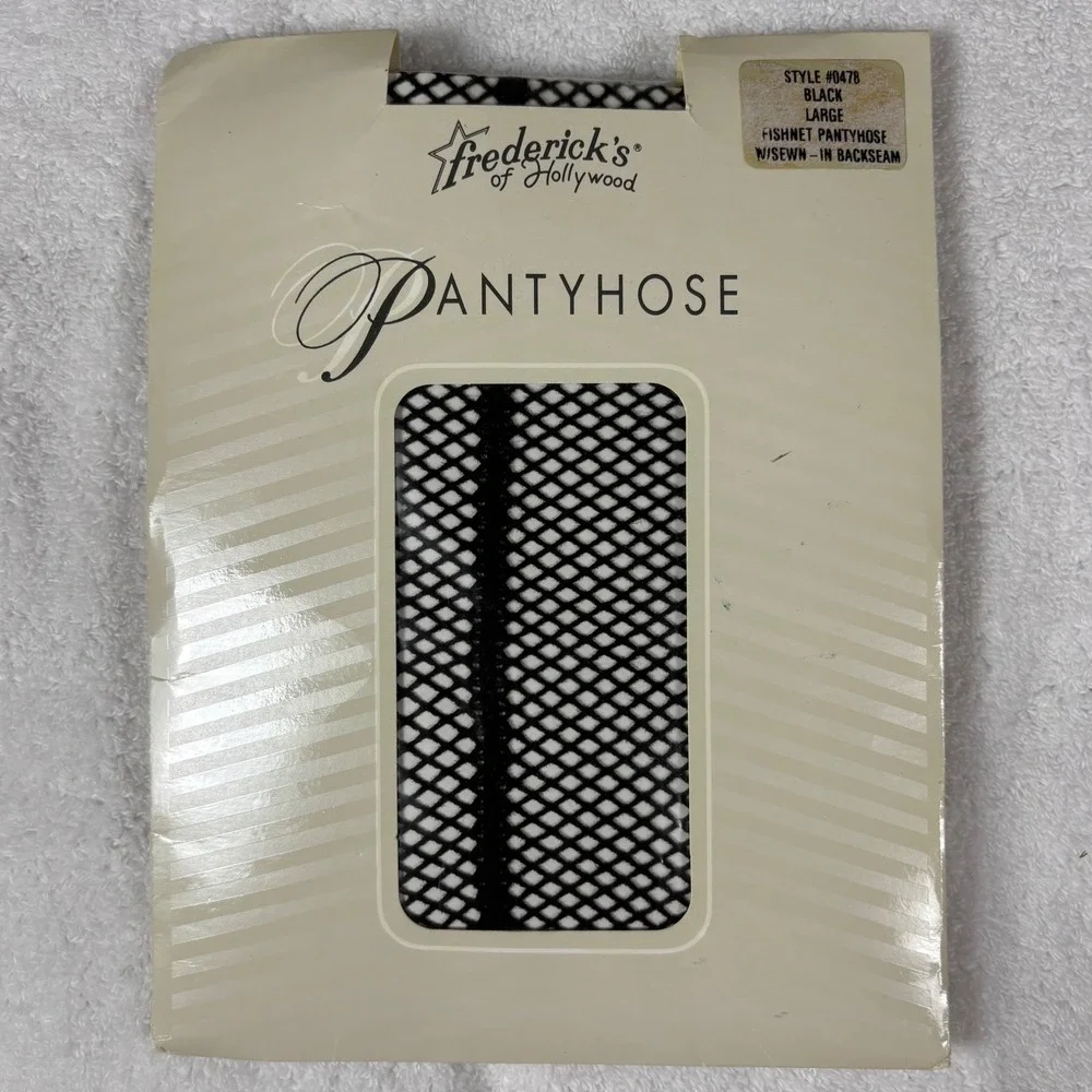 Vintage Fredericks Hollywood Black Large Fishnet Pantyhose Backseam Style 0478